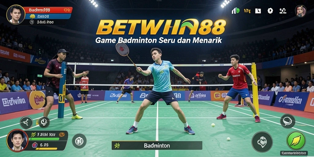 Antarmuka utama BETWIN88 menampilkan karakter dan lapangan Badminton.