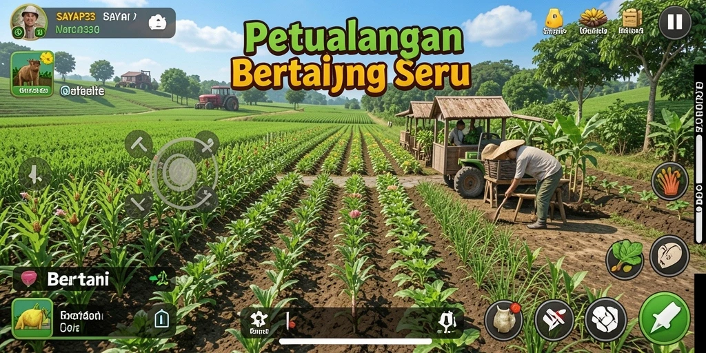 Antarmuka permainan SAYAP33 yang menampilkan ladang dan karakter bertani.